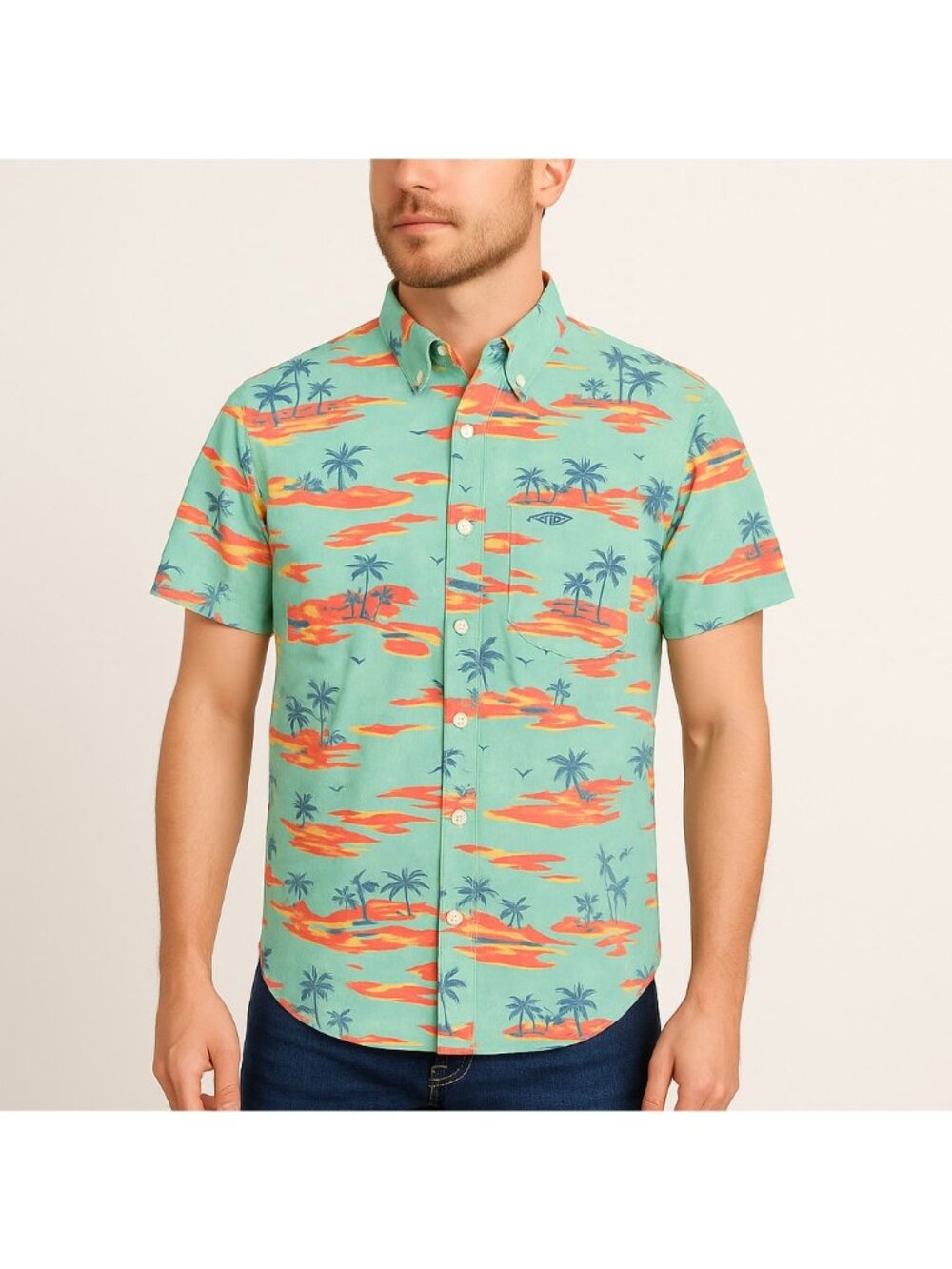 AFTCO Mens Size L Hawaiian Fishing Shirt Palm Tree Print Short Sleeve Button-Up